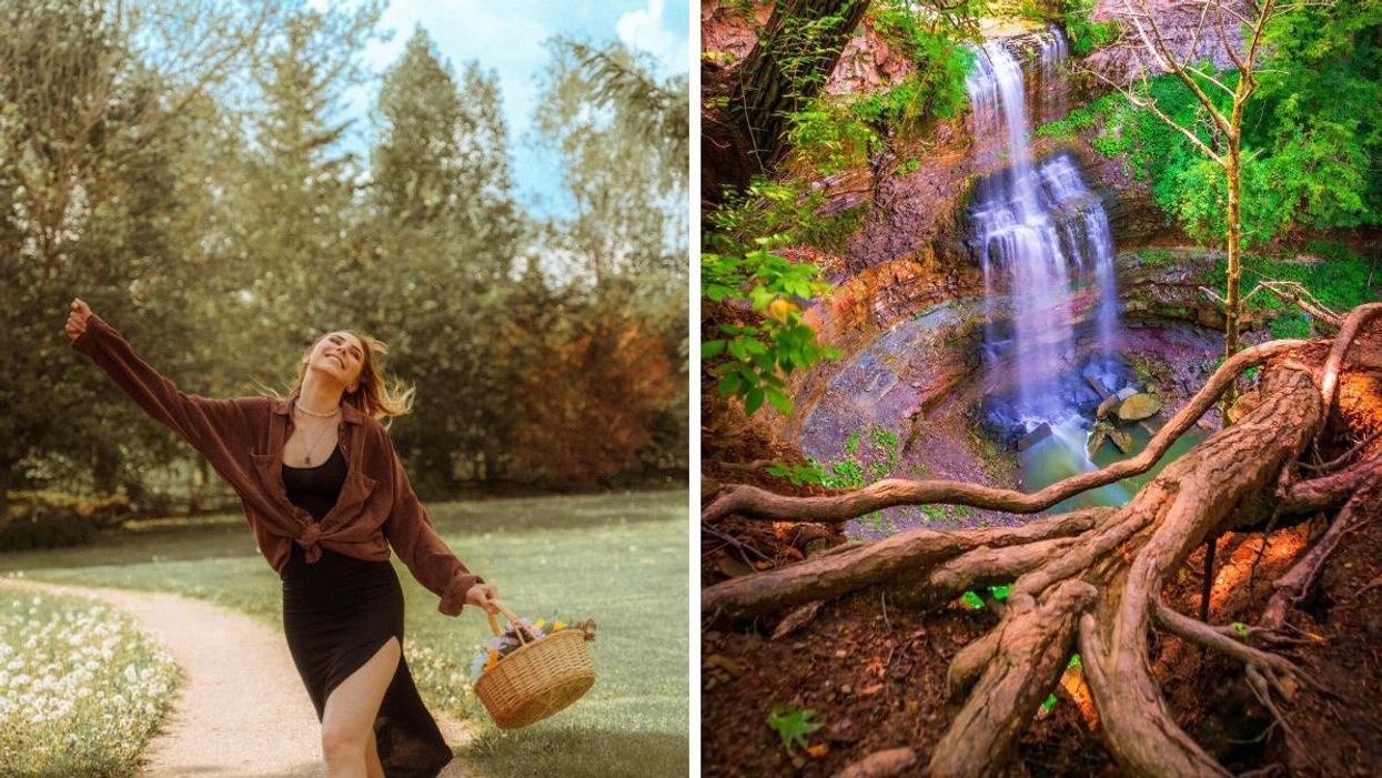 Woman walking along a path with a basket. Right: Waterfall in a forest.