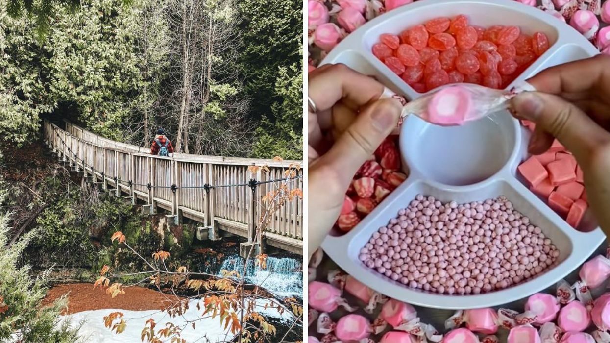 Woman walking on a bridge at Belfountain Conservation Area. Right: Platter of candy.
