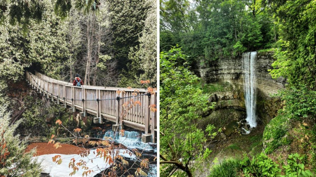 Woman walking on a bridge at Belfountain Conservation Area. Right: Tew Falls.