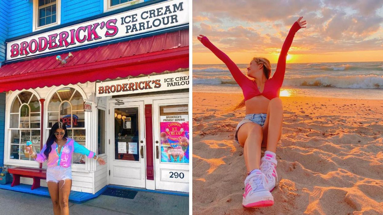 Woman walking outside an ice cream shop. Right: Woman sitting on a beach at sunset.