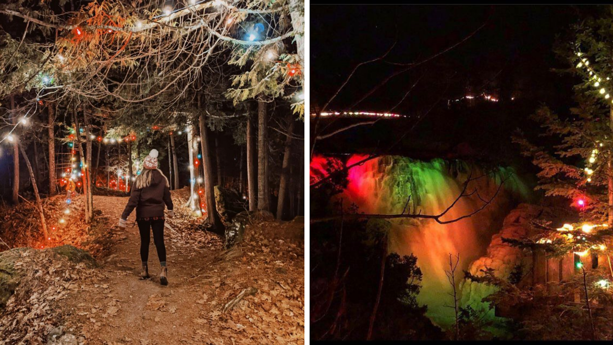 Woman walking through a forest trail with lights. Right: Red and green glowing waterfall.