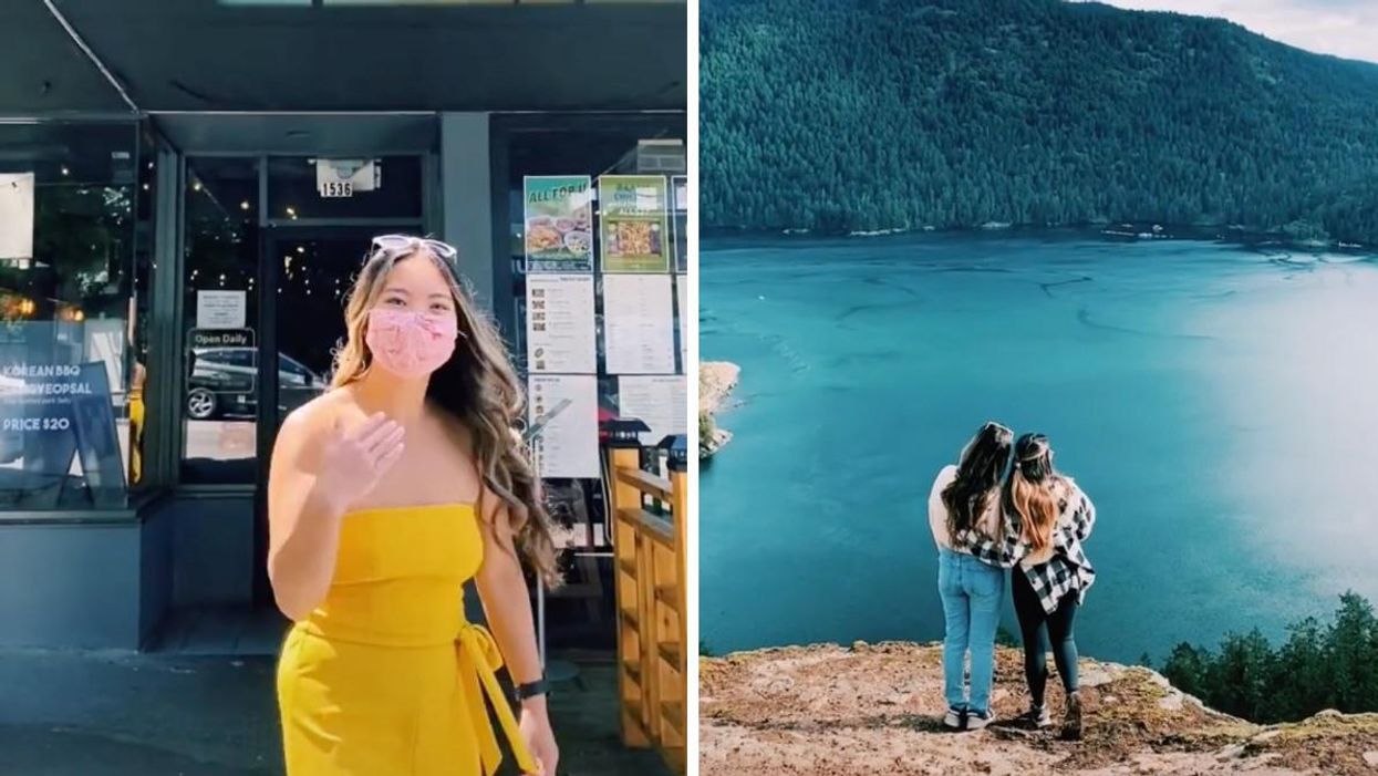 Woman waving at someone to follow her. Right: Woman on a hike overlooking blue water.