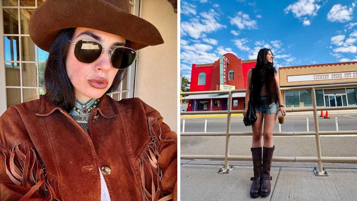 Woman wearing a brown cowboy hat and fringe jacket in Santa Fe. Right: Woman in Truth or Consequences, New Mexico, United States