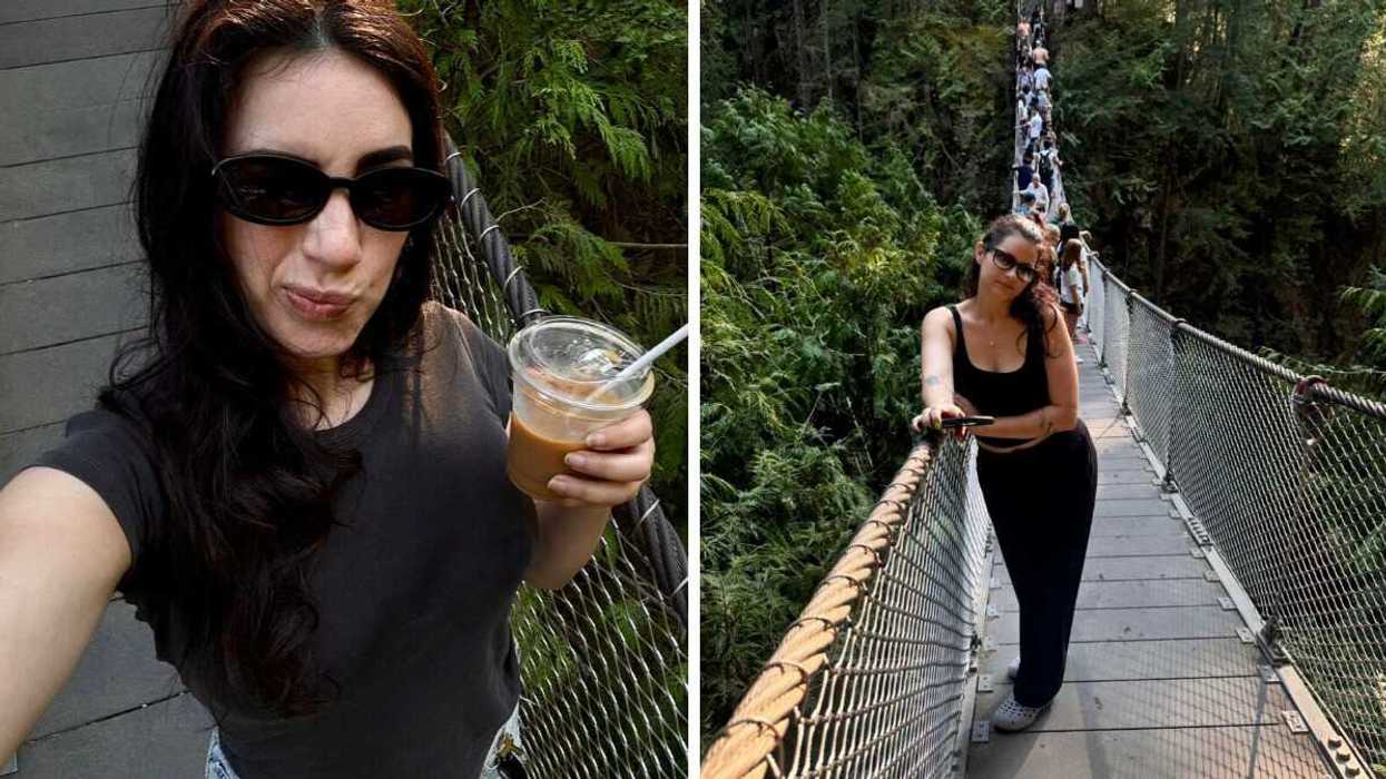 Woman wearing black sunglasses holding an iced coffee while standing on a suspension bridge surrounded by trees. Right: A woman poses on a suspension bridge in a forest with a line of people walking behind her.