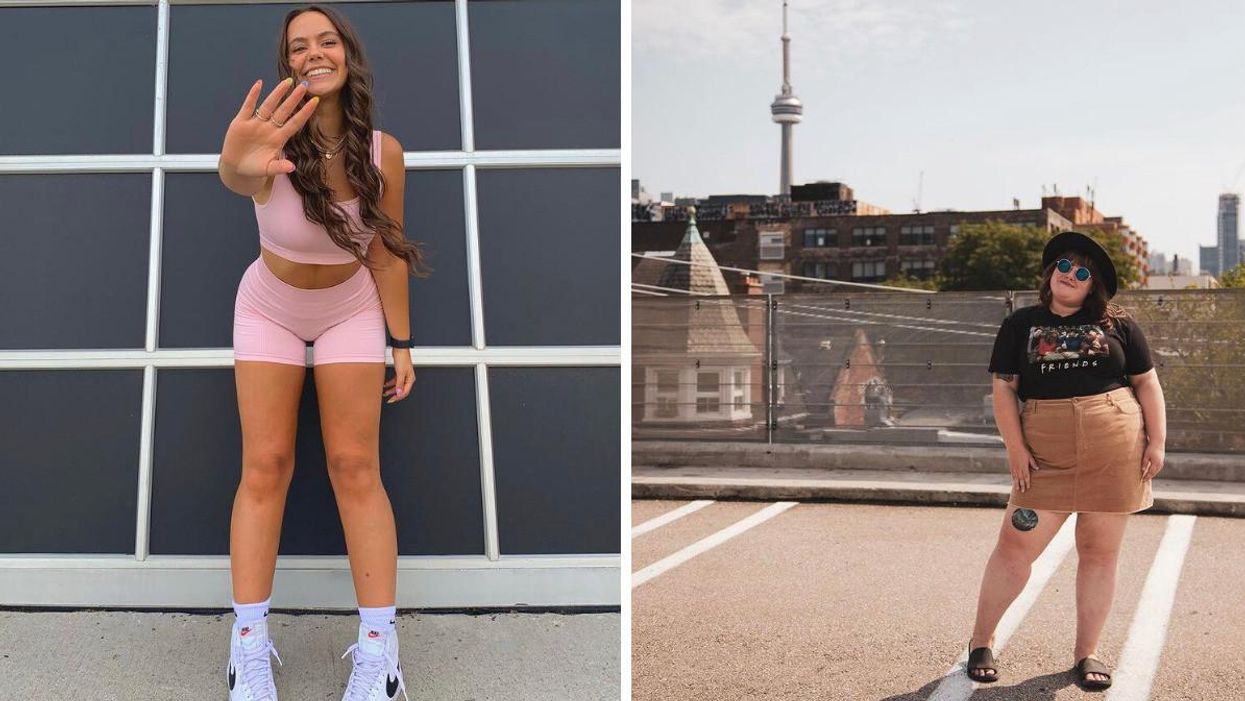 Woman wearing pink activewear. Right: Woman posing by the CN Tower.