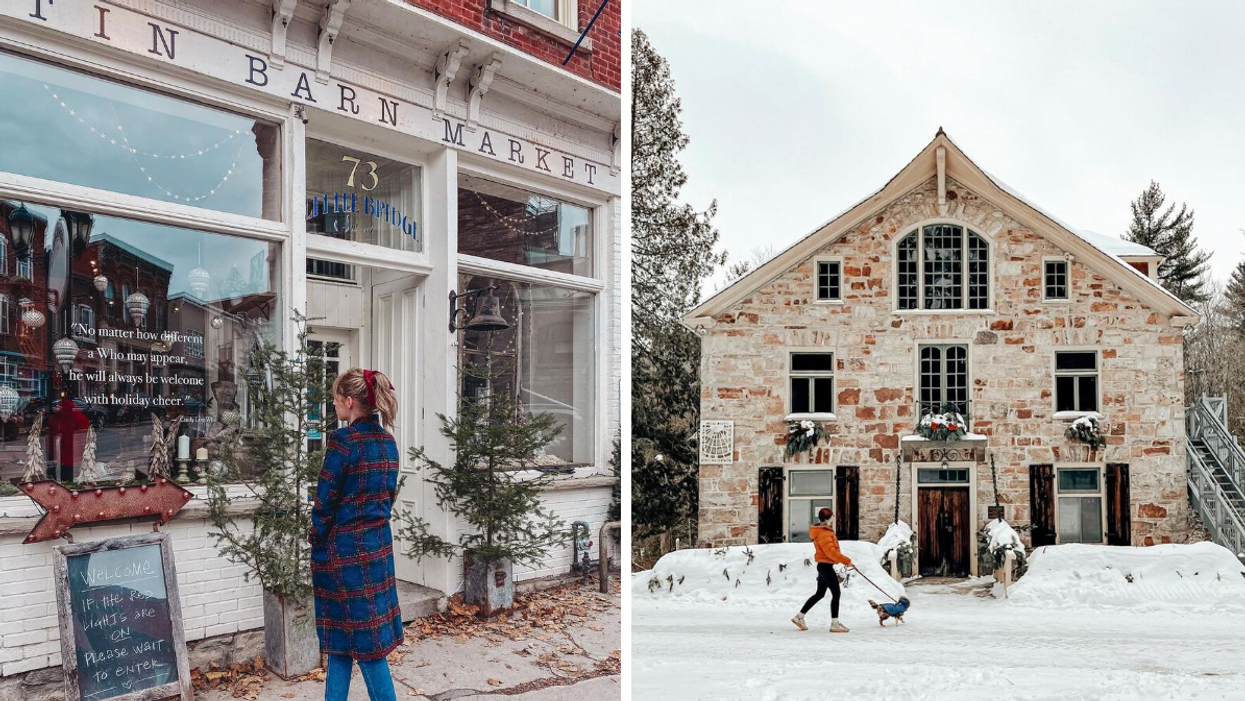 Woman window shopping at a Christmas store. Right: The Mill of Kintail decorated with holiday greenery.