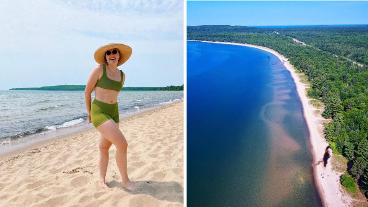 Woman with a hat standing on a beach. Right: Beach surrounded by trees.