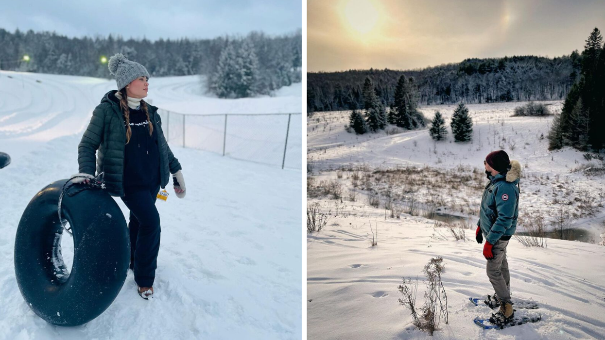 Woman with a tube on a giant snow hill. Right: Man snowshoeing in Gatineau Park.
