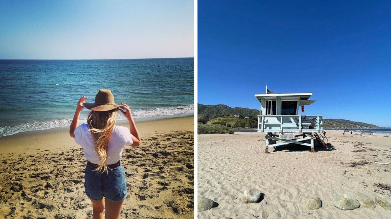 Woman with blonde hair and hat facing the ocean on Escondido Beach. Right: A lifeguard hut on Malibu Lagoon Beach.