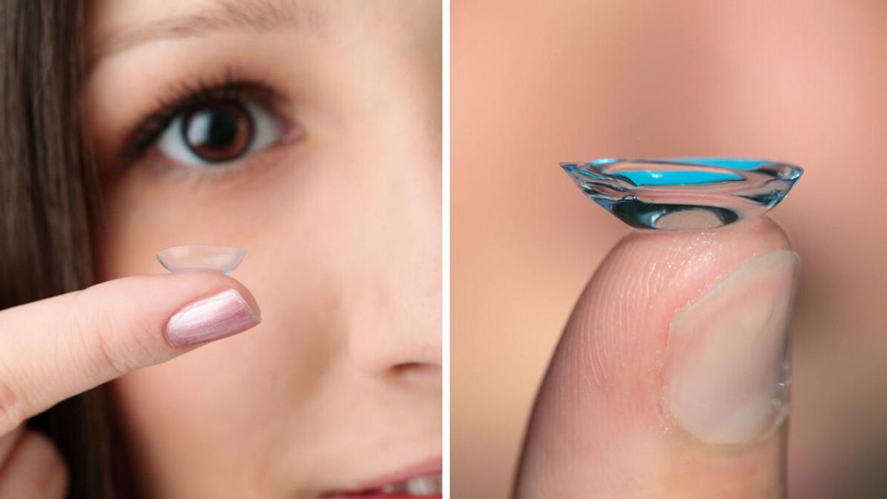 Woman with contact lens on finger. Right: Close-up of contact lens on finger.