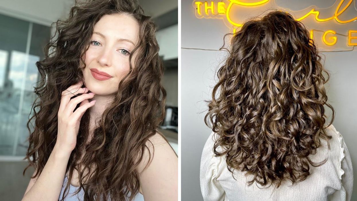 Woman with curly hair. Right: Back of woman's head with curly hair.