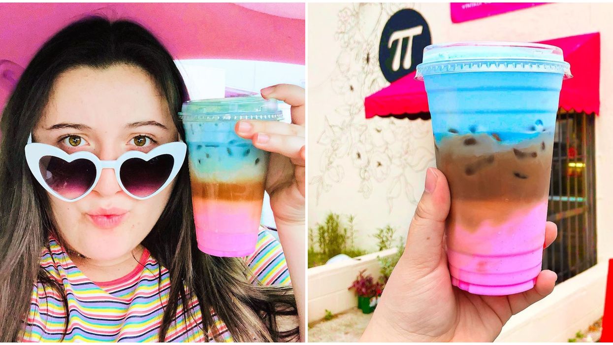 Woman with heart-shaped person holding colorful layered drink. Right: A colorful layered drink.