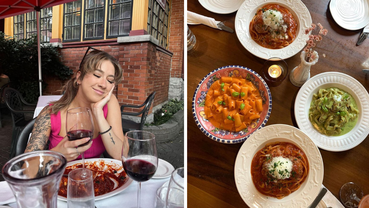 Woman with wine and an empty pasta bowl. Right: Table of Italian meals.
