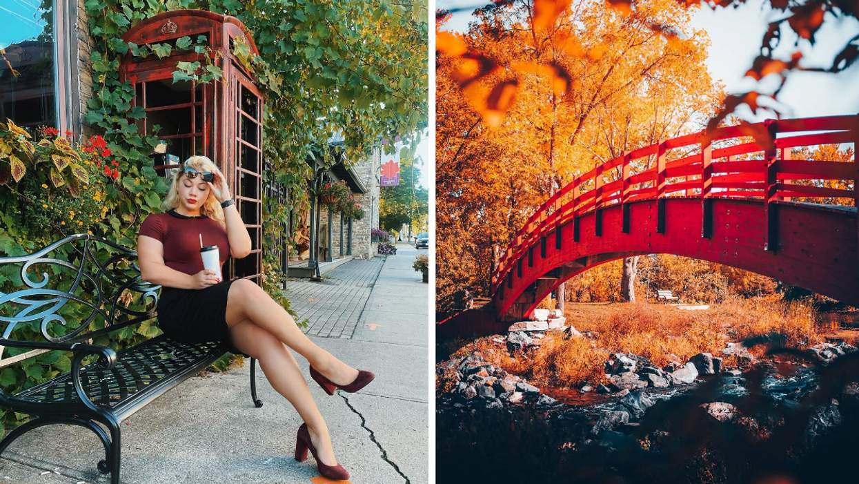 Womanl sipping coffee downtown Merrickville. Right: Fall bridge in Perth.