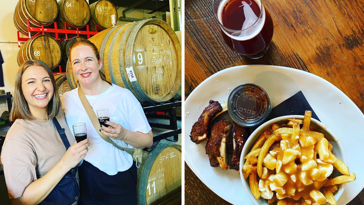 Women at a beer tasting in front of barrels. Right: Poutine and beer from Bistro L’Autre Oeil.