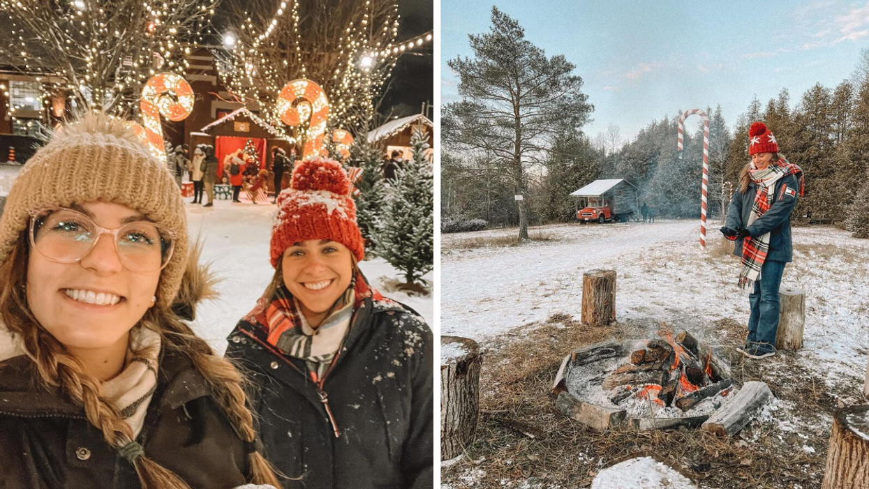 Women at a snow covered Christmas village. Right: Winter bonfire by an evergreen forest.