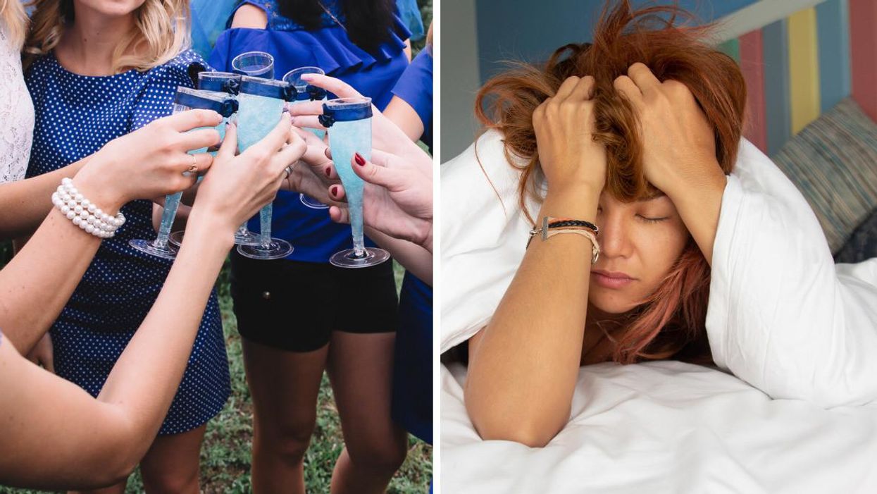 Women cheers at a bachelorette party. Right: A hungover woman.