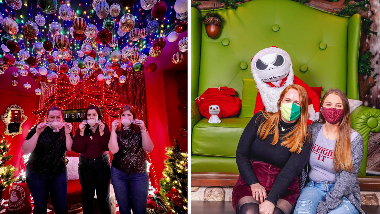 Women drinking from Rudolph glasses at a Christmas bar. Right: Megan and a friend with Spooky Santa.