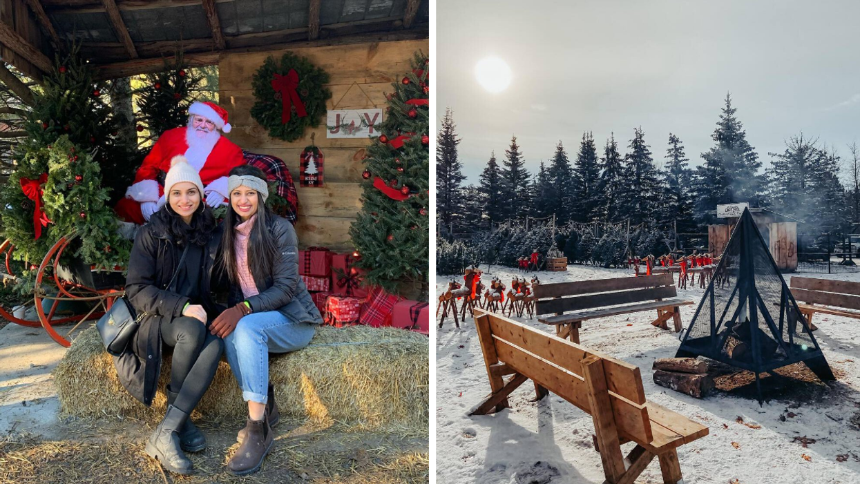 Women getting a photo with Santa in a cabin. Right: Christmas village with a bonfire and trees for sale.