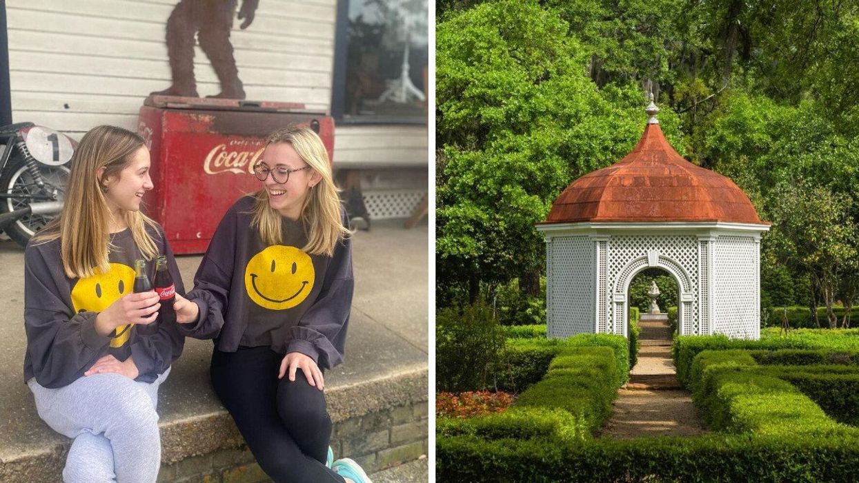 Women holding a glass of soda in St. Francisville, LA. Right: A garden in St. Francisville, LA.