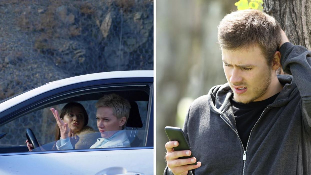 Women in a car. Right: A man reacts to a text message.