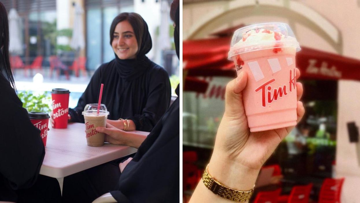 Women in the Middle East enjoying Tim Hortons. Right: Frozen Strawberry Cheesecake from the Philippines.