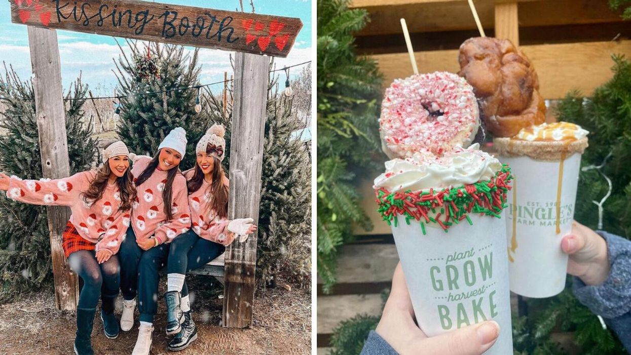 Women sitting at a "Kissing Booth." Right: Drinks topped with donuts.
