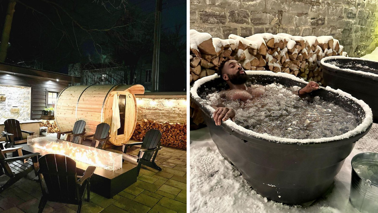Wood burning barrel sauna by a fire pit. Right: Man in a cold plunge pool outside.