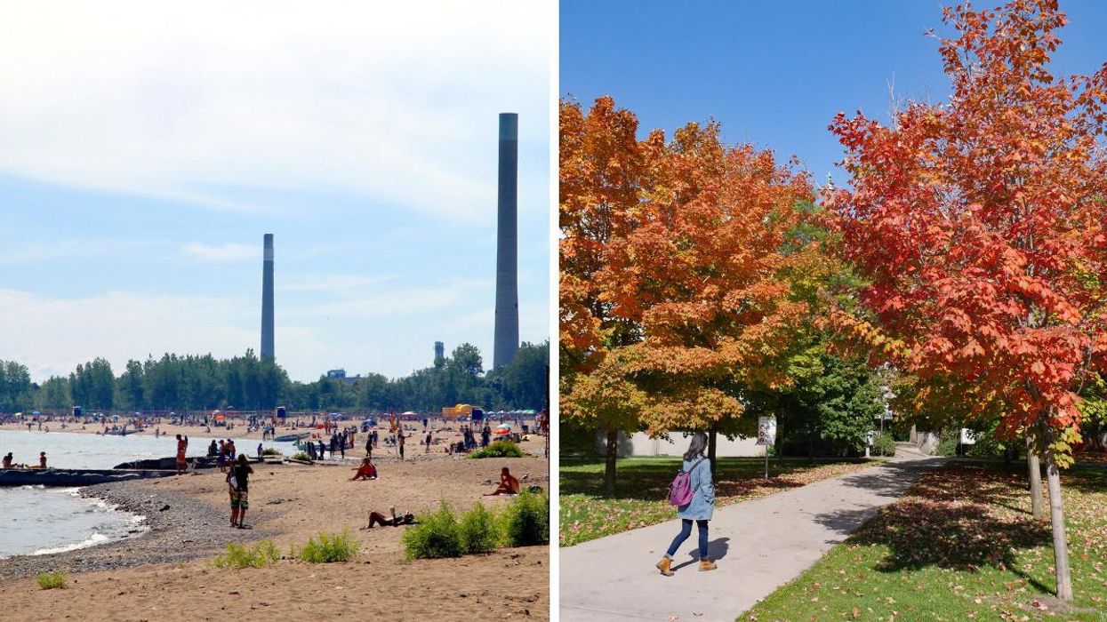 Woodbine Beach in Toronto. Right: A person walking through fall foliage