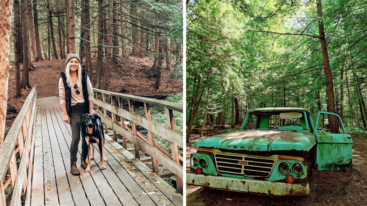 Wooden boardwalk and vintage Ford truck along Ontario hiking trail.