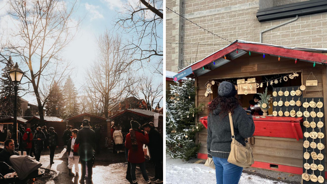 Wooden huts in a Christmas market. Right: Christmas decorations at a holiday market.