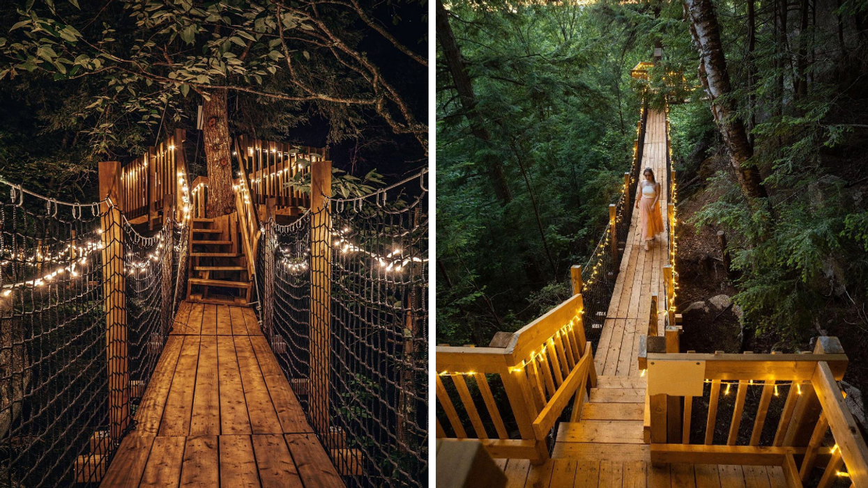 Wooden suspension bridge lined with twinkly lights in Mont Tremblant.