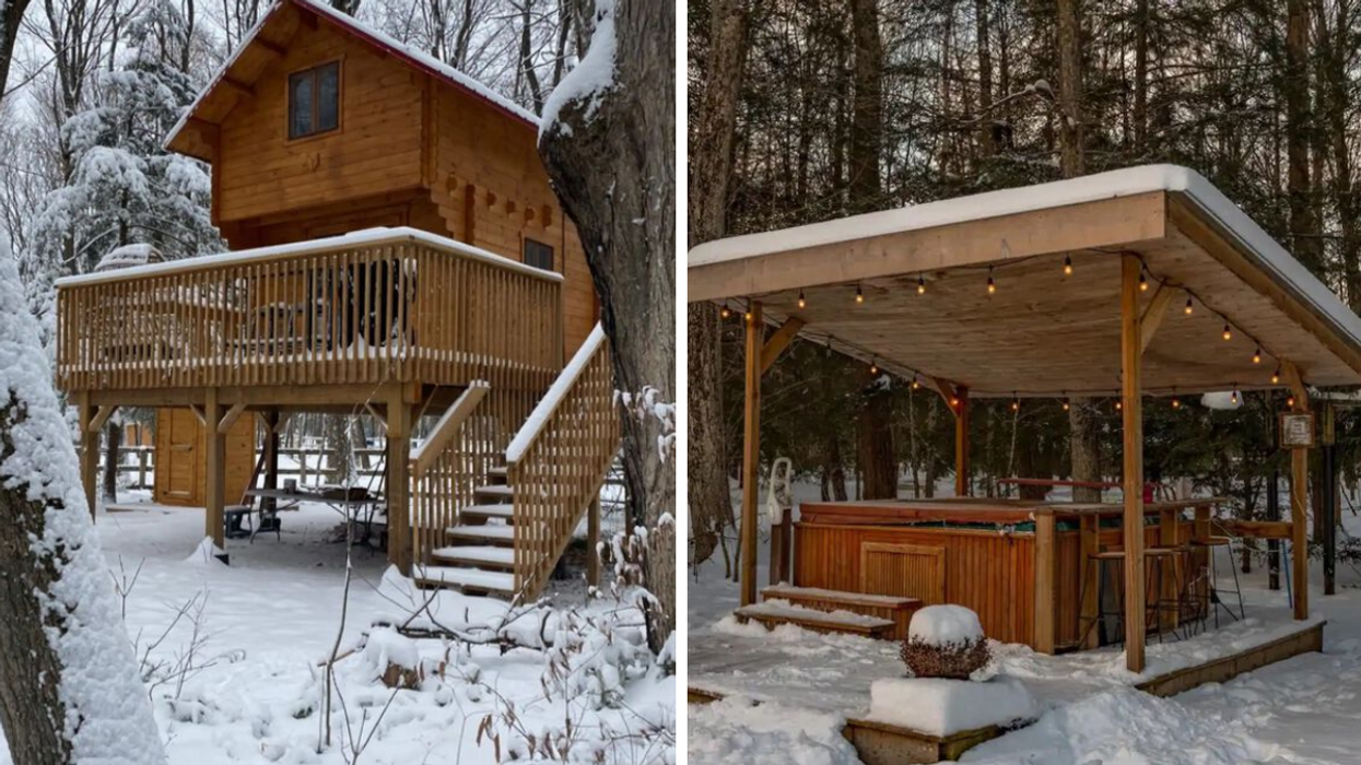 Wooden treehouse cabin covered in snow. Right: Outdoor hot tub in a forest.