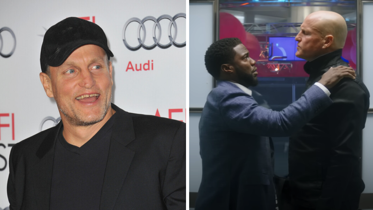 Woody Harrelson. Right: Harrelson and Kevin Hart in "The Man From Toronto" trailer.