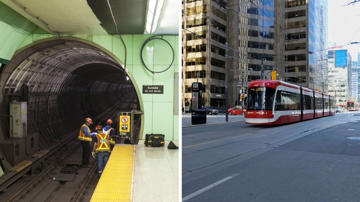 Workers at in subway tunnel in Toronto. Right: A street car