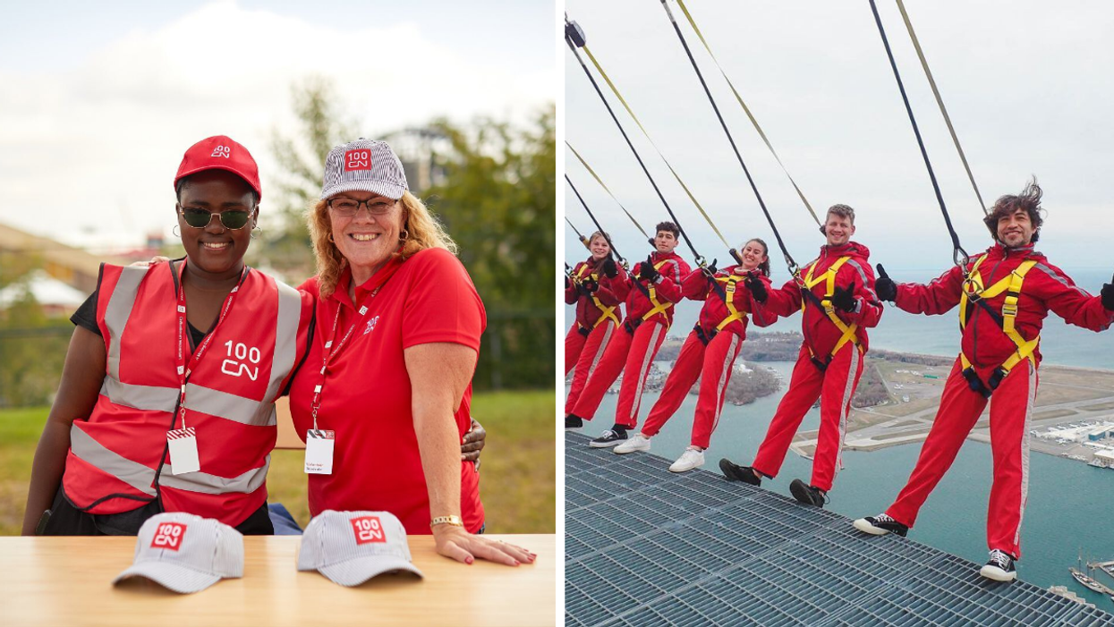 Workers for the Canadian National Railway. Right: People on the EdgeWalk at the CN Tower.