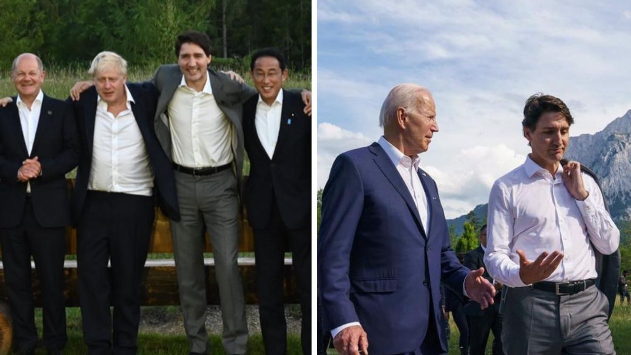 World leaders with their arms around one another. Right: Joe Biden and Justin Trudeau chat with one another.