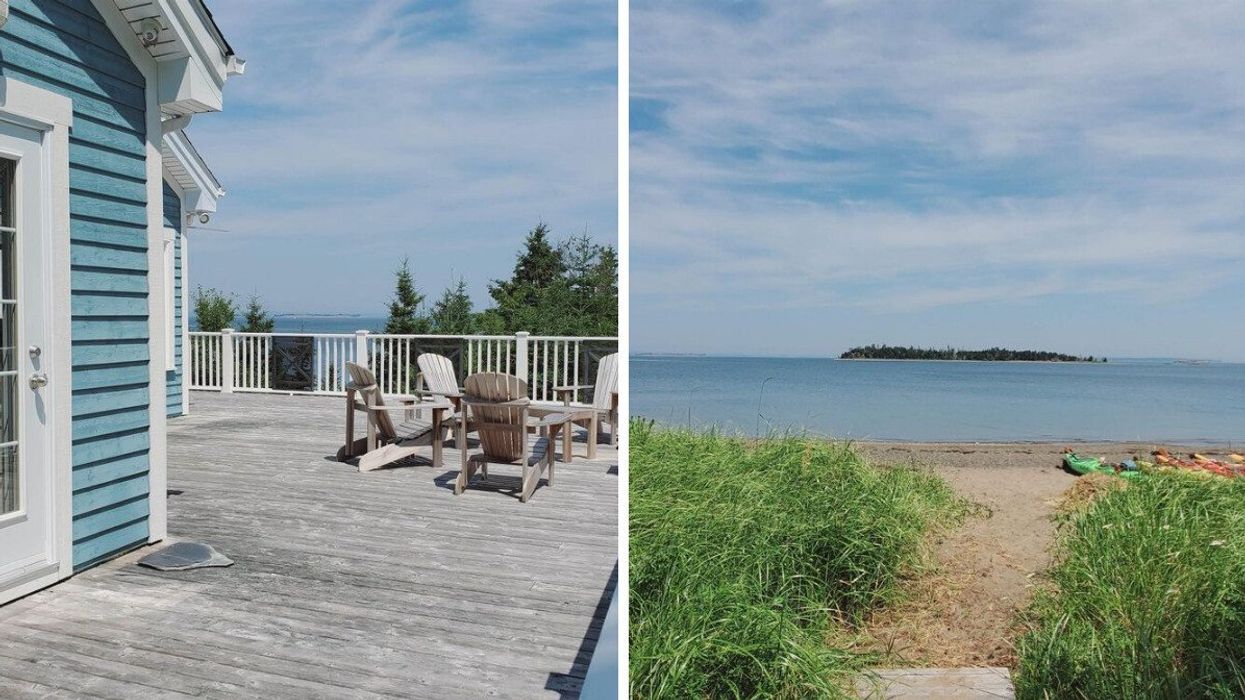 Wraparound deck of the house for sale in Nova Scotia overlooking the ocean. Right: Boardwalk leading to a private beach.
