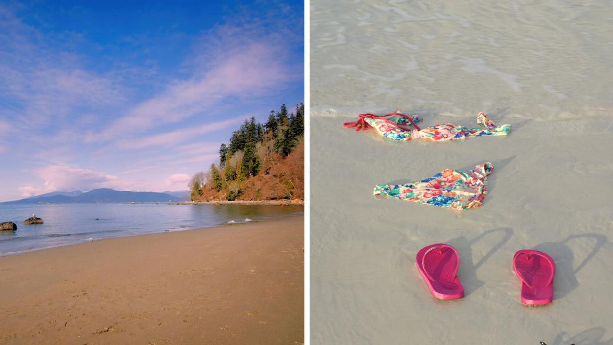 Wreck Beach, Canada's Largest Nude Beach. Right: Bathing suit on a beach.