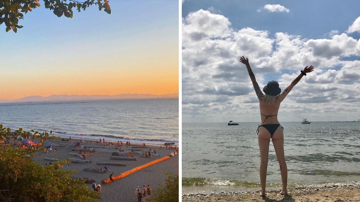 Wreck Beach in Vancouver. Right: A person at Hanlan's Point Beach in Toronto.
