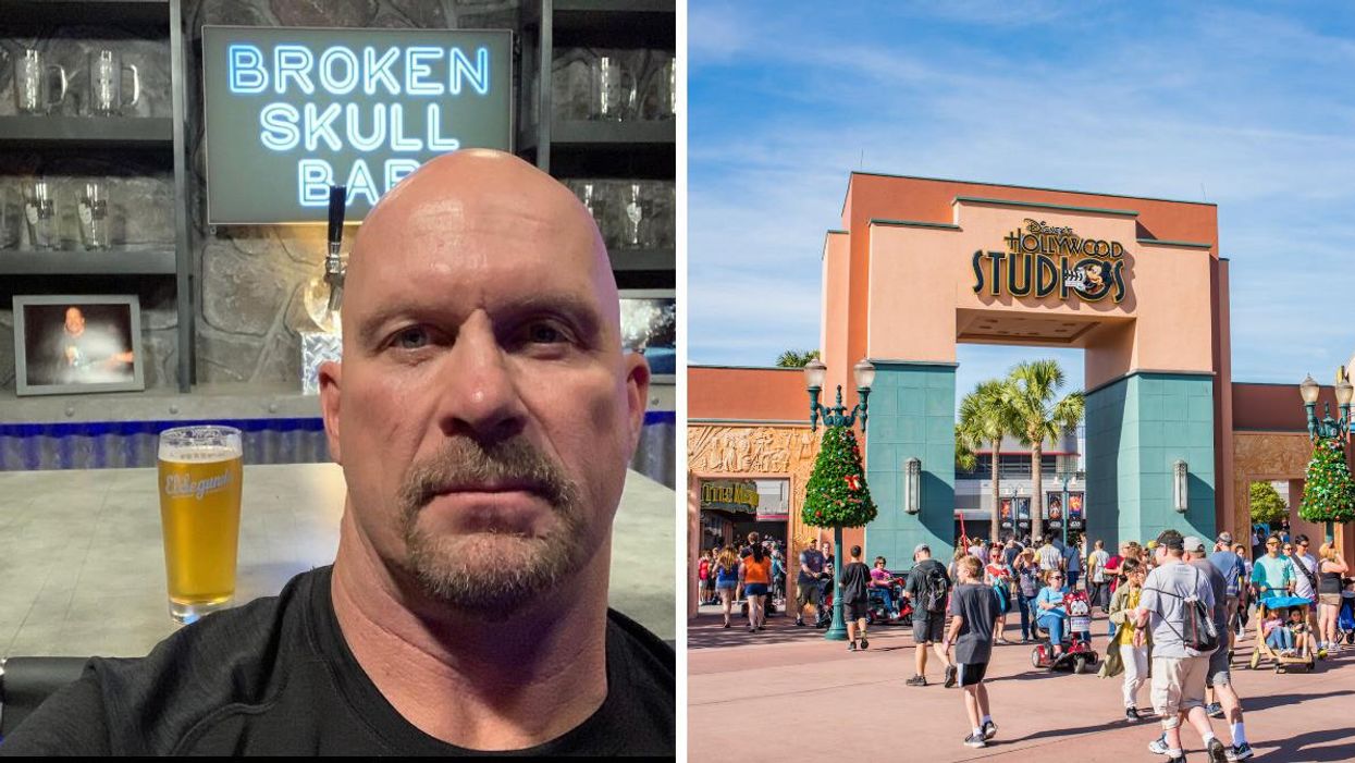 Wrestler Steve Austin takes a selfie at a bar. Right: The entrance to Disney World's Hollywood Studios.
