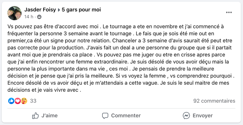 Yanick commente sa participation \u00e0 5 gars pour moi.