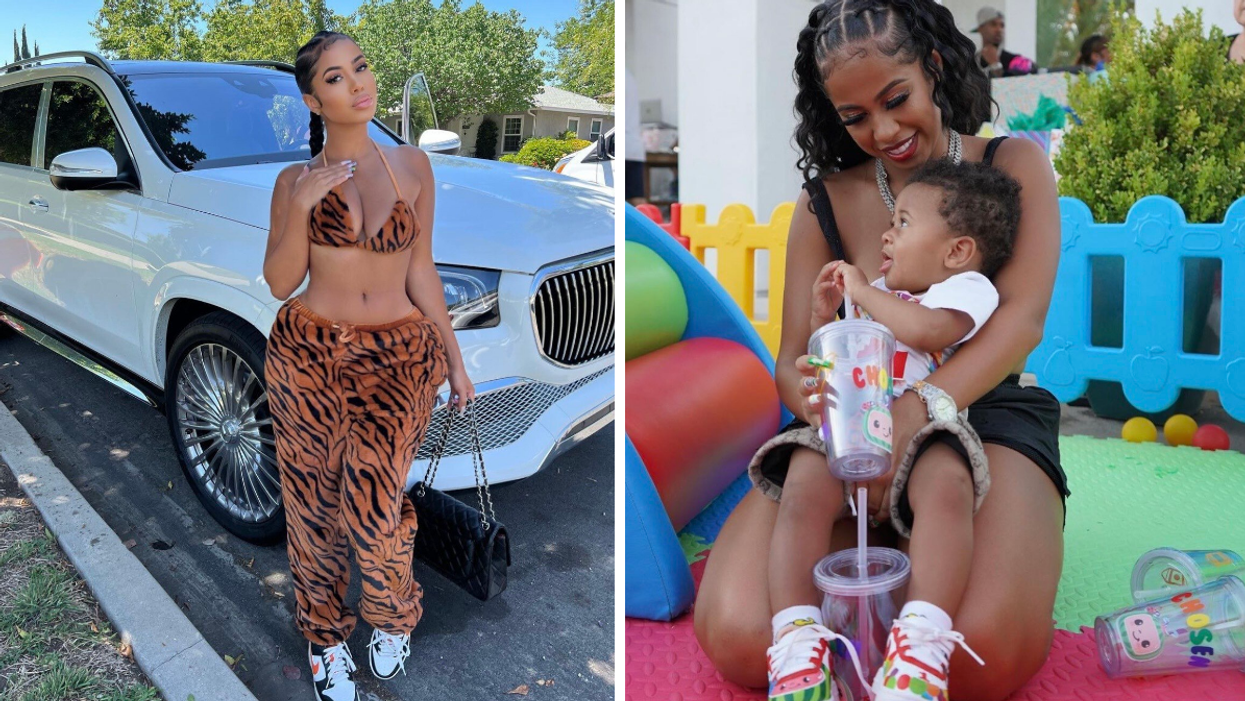 Yasmine Lopez in a tiger stripe outfit. Right: Lopez with her son Chosen at his birthday party.