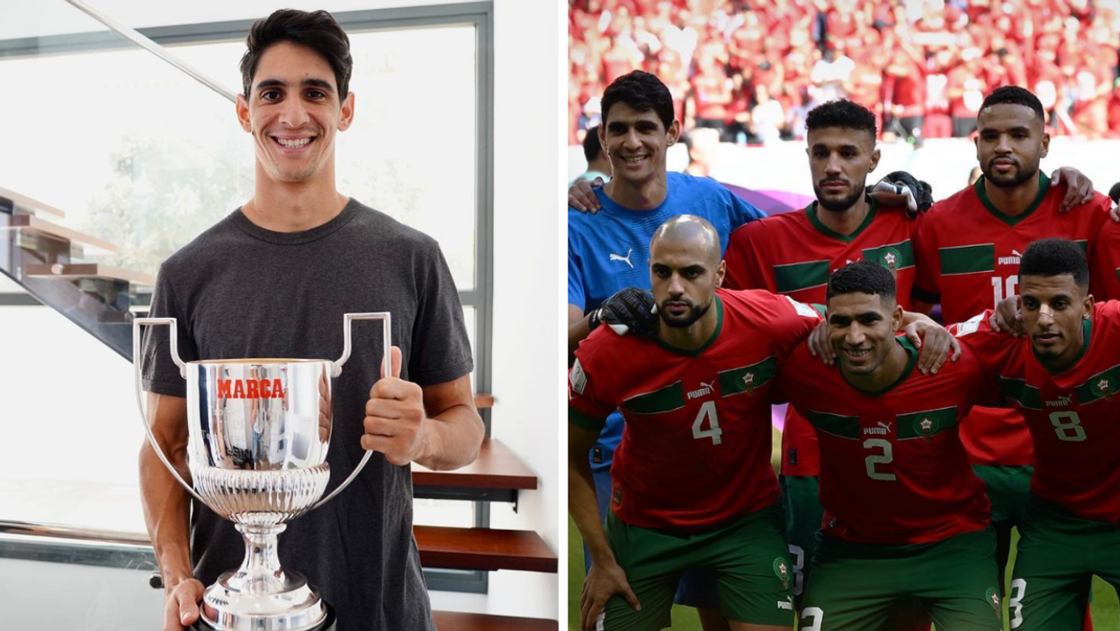 Yassine Bounou. Droite : L'équipe du Maroc.