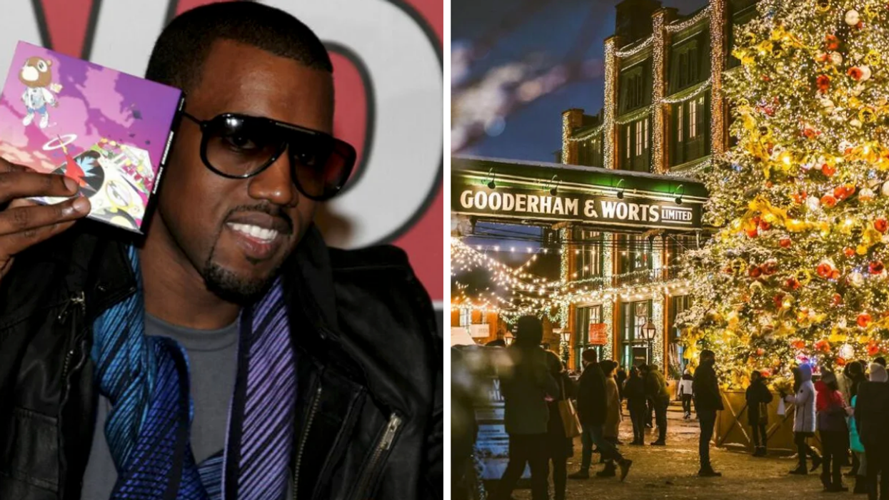 Ye (Kanye West) holding a CD. Right: The Christmas Market in Toronto's Distillery District.