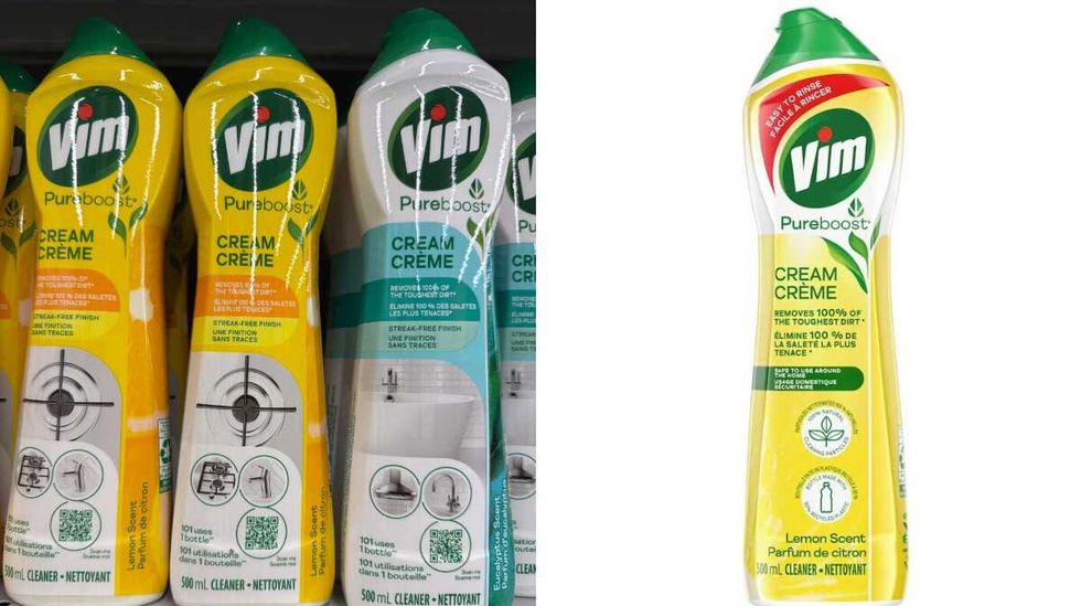 Yellow bottles and a white bottle that says Vim. Right: A yellow bottle with letters Vim.