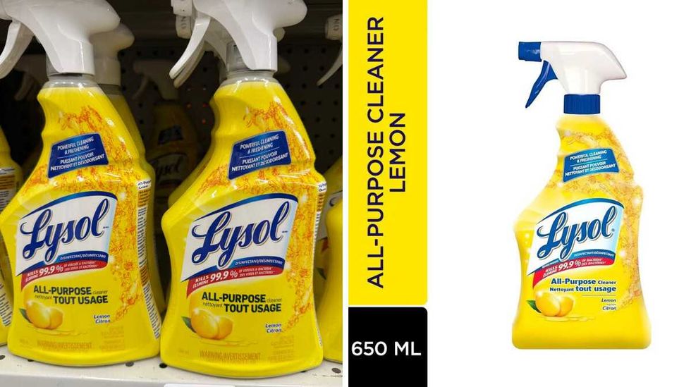 Yellow bottles with blue letters Lysol on a store shelf. Right: A yellow bottle with blue label Lysol.