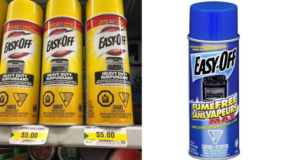 Yellow canisters that say Easy-Off Heavy Duty. Right: A blue bottle that says Easy-Off Fume Free.