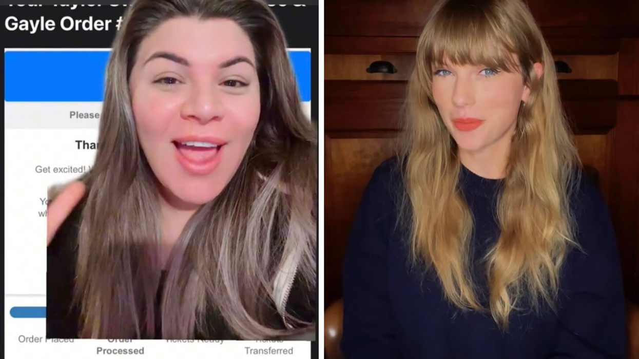 Yhara in her viral 'TicketFaster' TikTok video. Right: Taylor Swift in a navy blue shirt.