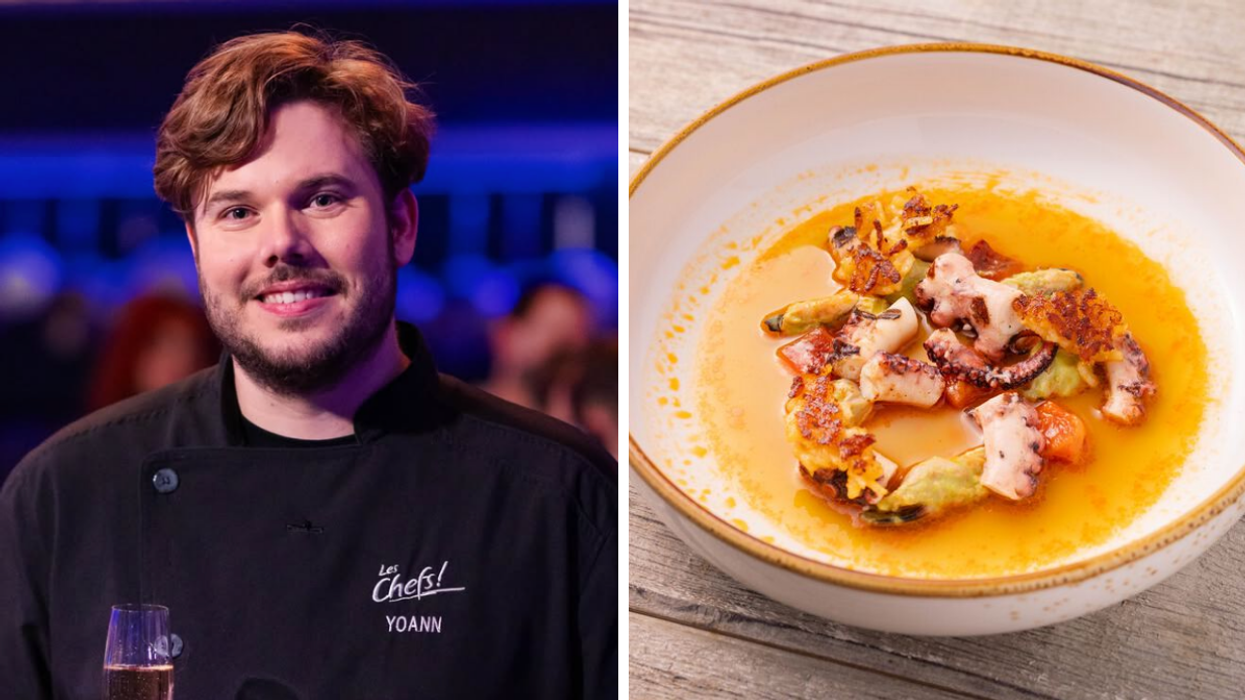 Yoann Van Den Berg, gagnant de l'émission Les Chefs 14. Droite : Un plat de Yoann .